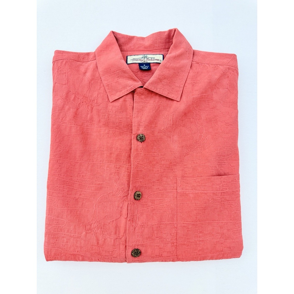 Tommy Bahama SILK, VINTAGE Mens SMALLButton Up Shirt Hula Girl Zen Salmon Y2K